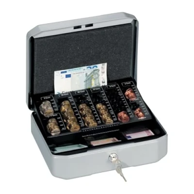 Imagen de Durable 177857 Caja de dinero Euroboxx S, con 2 llaves, incluye tablero conteo y compartimentos para billetes, gris plateado