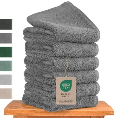 Imagen de Hausfelder Set de Toallas Invitados Premium con Lazo para Colgar 100% algodón Certificado Oeko Tex, pequeñas, Suaves y absorbentes (Antracita, 6 pequeñas 50x30 cm)