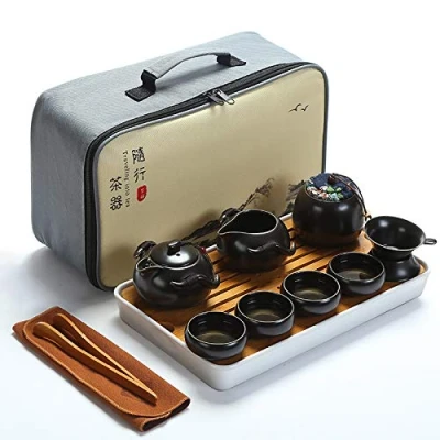 Imagen de fanquare Portátil Juego de Té Kung Fu, Chino Hecho a Mano, Tetera Porcelana, Tazas té, Bandeja bambú, con Una Bolsa Viaje, Negro