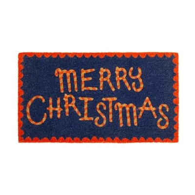 Imagen de Fisura Felpudo Entrada casa “Merry Christmas de Coco con Base Antideslizante PVC. Navidad Azul y Rojo. Exterior Original. Pintado a Mano. Medidas:70 cm x 40