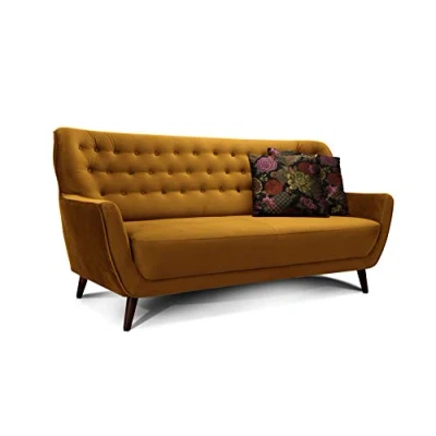 Imagen de Cavadore Abby Sofá de 3 plazas estilo retro con acabado efecto terciopelo capitoné, unas medidas 183 x 89 88 cm y en color dorado