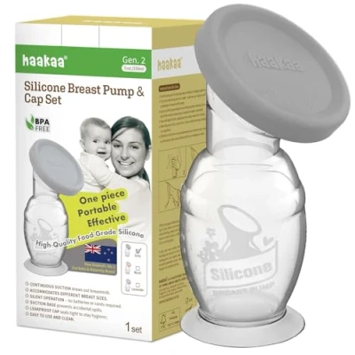 Imagen de haakaa Extractor de Leche Manual Silicona con Base Succión y Tapa, Diseño Una Pieza Operación Silenciosa Manos Libres, Natural, A Prueba Derrames, 5oz/150ml, Gris