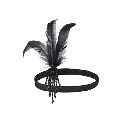 Imagen de ArtiDeco 1920 Diadema de Pluma con Cuentas Cinta para el Pelo Cristal Vintage Años 20 Flapper Banda Disfraz Gatsby Accesorio