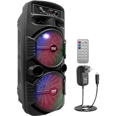 Imagen de PYLE sistema de altavoces, PA, 600W, Bluetooth, Portatil, Recargable, Interiores, Exteriores, Subwoofer 8, Tweeter 1, función grabación, micrófono, luces fiesta, Radio USB/SD, Negro
