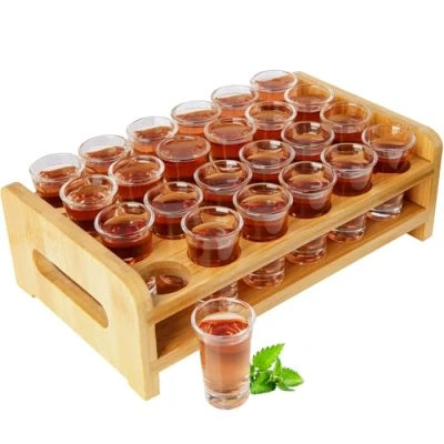 Imagen de Juego de vasos chupito, soporte cóctel madera y vaso organizador mesa servir bebidas, 24 agujeros con transparente, piezas 15 ml 20ml para bebidas