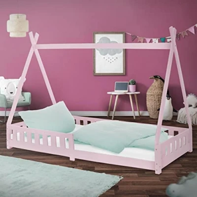 Imagen de ML Design Cama Infantil Tipi Color Rosa 90x200 Cm Protección Anticaída Y Somier Estructura Listones De Madera Pino Maciza Forma Casa Mobiliario Juego Tienda Campaña para Niños