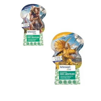 Imagen de tetesept Kids Dino Adventure baño de espuma para niños con aroma afrutado manzana y aloe vera, dinofuerte T Rex World agua verde, 1 x 40 ml