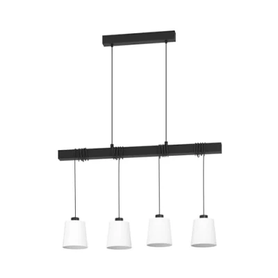 Imagen de Eglo Townshend 8 lámpara colgante de 4 focos, comedor con viga madera, mesa metal, madera y textil en blanco negro, casquillo E27