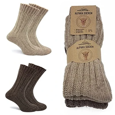 Imagen de MOUNTREX® calcetines de alpaca, lana para hombre y mujer, invierno, térmicos, gruesos, 2 pares, beige/marrón, 35 38