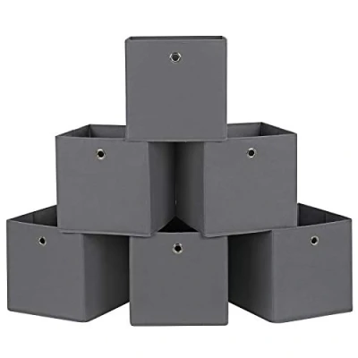Imagen de SONGMICS Juego de 6 cajas almacenamiento plegables, cubos tela, organizador ropa, juguetes con ojales, 30 x cm, para dormitorio, sala estar, gris