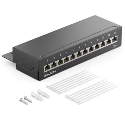 Imagen de deleyCON CAT6 Patch Panel El de Corrección 12 Puertos Escritorio y Montaje en Pared Blindado Enchufe 12x RJ45 TIA568A TIA568B Negro
