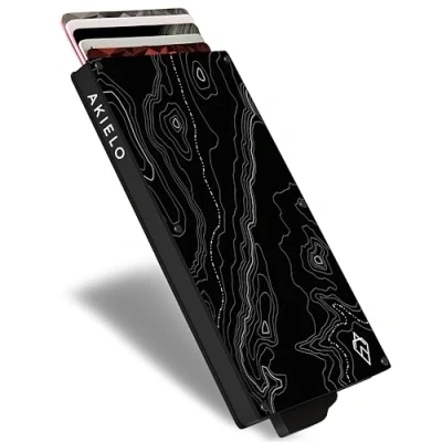 Imagen de AKIELO Tarjetero de Hombre Bloqueo RFID con Caja Regalo Minimalista Cartera para Tarjetas y Protector Contactless (Alpha Edición Topográfica)
