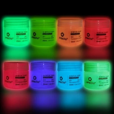 Imagen de Artecho Pinturas Acrilicas Fluorescente Luminosas 8 x 20 ml, Neon en la Oscuridad, Glow in The Dark, para Lienzos, Textil, Madera, Cristal, Piedras.