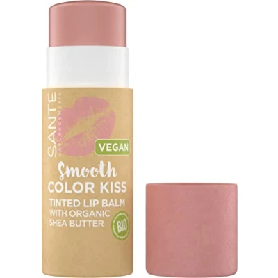 Imagen de SANTE Naturkosmetik Smooth Color Kiss 01 Soft Coral Bálsamo de labios vegano con aceites orgánicos, manteca cacao y karité orgánica, cuidado intensivo, embalaje sostenible, 7 g