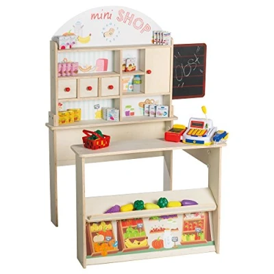 Imagen de roba Tienda Infantil de Comestibles Juguete en Madera Minishop para Niños + Caja Micrófono y Accesorios con Reloj Pizarra Natural / Impresión