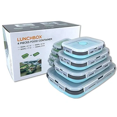 Imagen de Beeptrum Recipiente de silicona plegable con tapa, fiambrera portátil para picnic al aire libre que ahorra espacio, apto microondas, lavavajillas y congelador, juego 4(azul gris)