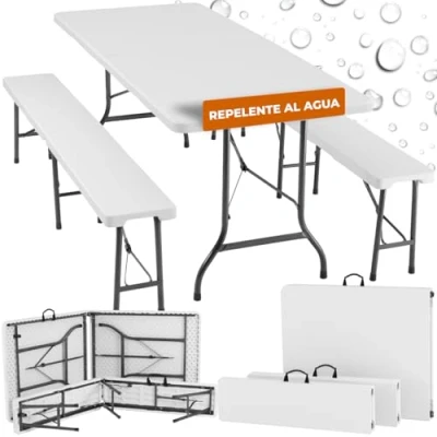 Imagen de TecTake® Juego de Mesa Plegable 3 Piezas, Set Camping con 2X Bancos, Jardín Exterior, Estructura Acero, Topes en Patas, Fácil Montaje, Ideal Acampadas, Jardín, Terraza, Picnic Blanco