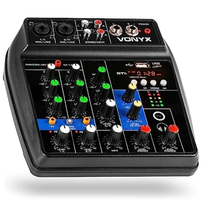 Imagen de Vonyx VMM100 Mezclador Audio con USB, bluetooth, display, efecto delay, ecualizador de 2 bandas, entradas micro XLR/Jack, phantom +48v, entrada estéreo, ideal para pequeños eventos o fiestas
