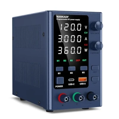 Imagen de NANKADF Fuente de Alimentación Ajustable 0 120V/0 3A,DC Regulada Alta Precisión Laboratorio Pantalla LED 4 Dígitos,con Control Codificador y Memoria Datos