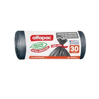 Imagen de alfapac 20 SACS 30L À LIEN Large Ultra RÉSISTANT FABRIQUÉS EN France BI MATIÈRE Unique RECYCLÉE ET VÉGÉTALE Reciclado Maxi Peso de Enlace Grande, Polietileno, Negro, 30 L