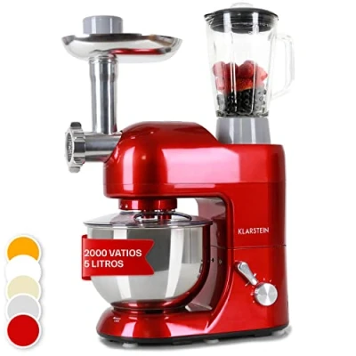 Imagen de Klarstein Batidora Amasadora con Bol 5L para Hornear, Robot Cocina, Reposteria 2000W, Picadora Carne, Gancho y Mezclar Varillas Rotación Planetaria 6 Velocidades