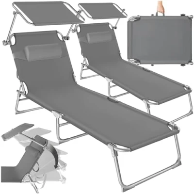 Imagen de TecTake® Set de 2 Tumbonas Jardín Exterior con Parasol y Respaldo Regulables, Tumbona Plegable Reposacabezas, Playa Resistente a la Intemperie, Piscina Carga Máx. 110 kg Gris