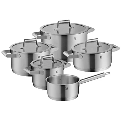 Imagen de WMF Comfort Line juego de ollas inducción (5 piezas, con tapa cristal, acero inoxidable Cromargan mate, escala, apilables, sin revestimiento)