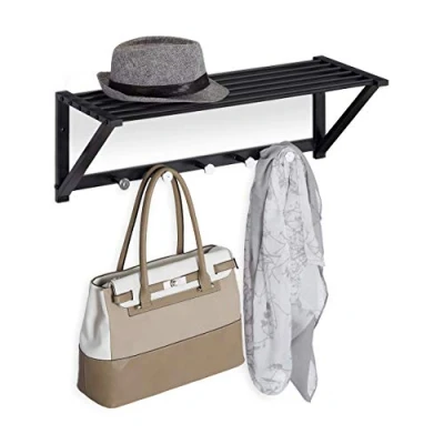 Imagen de Relaxdays Perchero de Pared con Estante, Toallero 5 Ganchos, Baño, Recibidor, Pasillo, Metal, 23 x 65 25 cm, Negro