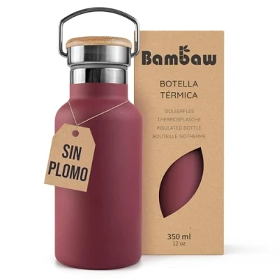 Imagen de Bambaw Botella térmica 350 ml, agua roja, acero inoxidable niños, reutilizable agua, niños sin BPA Rojo cereza