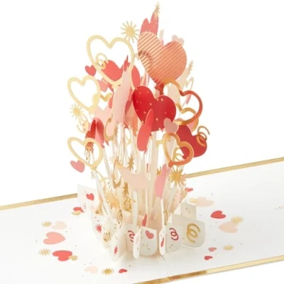 Imagen de Hallmark tarjeta de San Valentín, del día 3D y desplegable, flores, corazones, globos, rojo, blanco, rosa