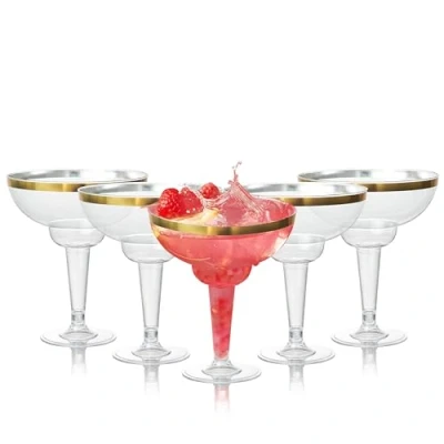 Imagen de MATANA 12 Elegantes Copas de Cóctel Margarita Plástico con Borde Dorado (360ml / 12oz) Resistentes y Reutilizables Daiquiri Martini para Bodas, Cumpleaños, Navidad Fiestas