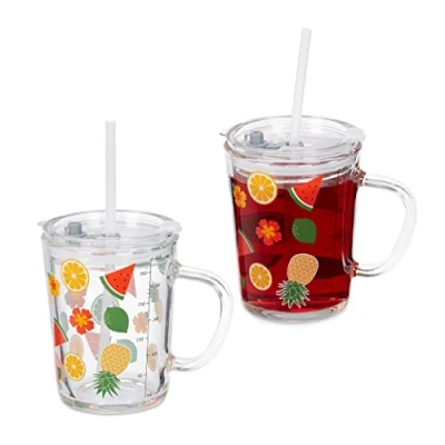 Imagen de Relaxdays Set de 2 Vasos Infantiles, Diseño Frutas, Jarrita Agua Niños, con Asa, Tapa y Pajita, 400 ml, Transparente