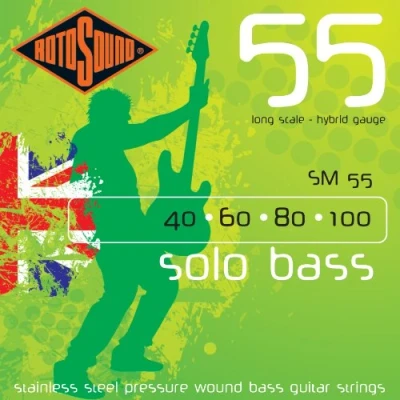 Imagen de cuerdas Rotosound para bajo eléctrico SOLO 55 STAINLESS PRESSURE WOUND 4 SM55 Hybrid 40 100
