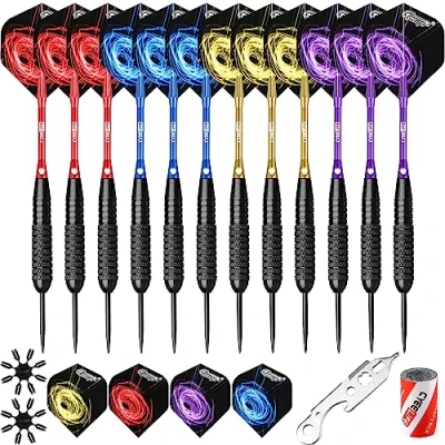 Imagen de CyeeLife 12 Dardos de Acero 22g,12 Ejes Aluminio + 16 Plumas Herramienta Sacapuntas Dispositivo protección