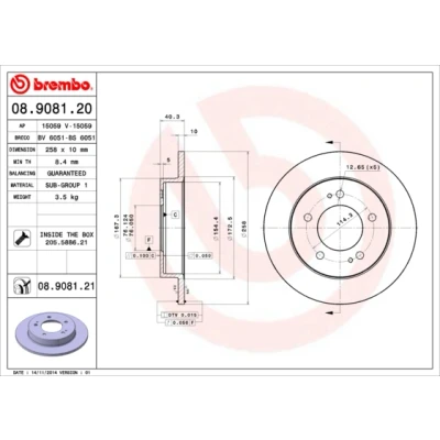 Imagen de BREMBO COATED DISC LINE 08.9081.21 Disco de freno 258 10 5 macizo revestido con tornillos KIA: Venga Furgón / Hatchback, Venga, HYUNDAI: ix20