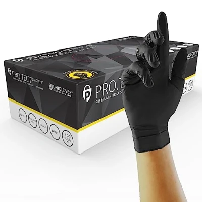 Imagen de UNIGLOVES PRO.TECT Guantes desechables de nitrilo HD negros, ultra resistentes, un solo uso, multiusos, sin polvo, caja 100 guantes, talla S (GA0062)