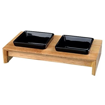 Imagen de Trixie Set Comederos Perros Cerámica Platos para Accesorios Madera Bandeja 2 x 0.2L, 28x5x15 cm Negro