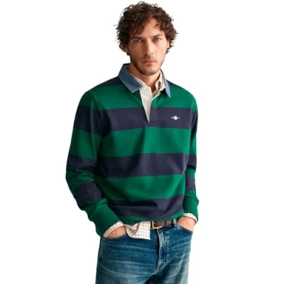 Imagen de GANT Reg Chambray Stripe Heavy Rugger Camiseta, Verde Oscuro, XL Hombres