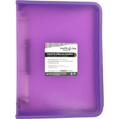Imagen de Grafoplás Carpeta de Anillas con Cremallera A4+ Lavanda Multiline 4 Mixtas 25mm Cubierta Polipropileno Rayado Vertical Capacidad Extra para Hojas Papel Formato Folio