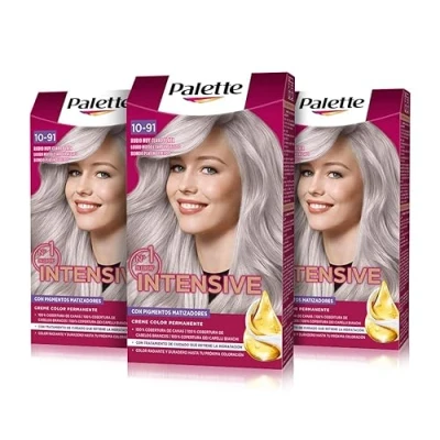 Imagen de Palette Intensive Creme color 10 91 Rubio Muy Claro Plata, tinte de pelo permanente con aceite macadamia y almendras, cubre el 100% las canas raíces, para un radiante