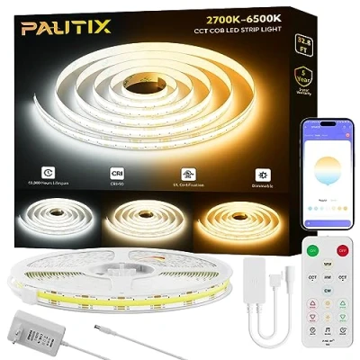 Imagen de PAUTIX COB CCT LED Tira de luces blanco sintonizable,10M regulable 2700K 6500K 24V Kit cinta con fuente alimentación para iluminación bricolaje cocina dormitorio