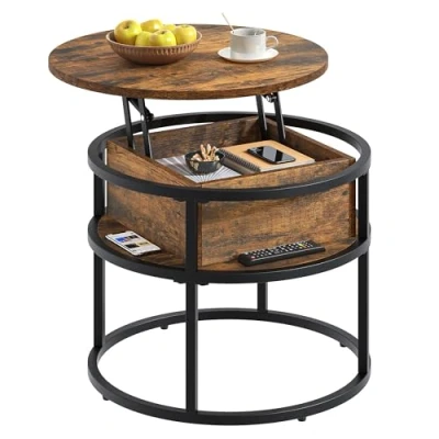 Imagen de YITAHOME mesa auxiliar redonda con placa elevadora, de salón espacio almacenamiento, 60 x 47 cm, sofá ajustable en altura, sala estar para oficina casa