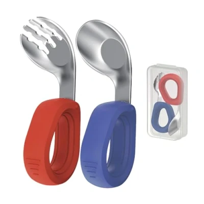 Imagen de Cubiertos para Bebé en Inox con Mango Plástico Incurvado Set de Cuchara y Tenedor Infantiles Caja Almacenamiento Silicona Aprendizaje Seguros Duraderos