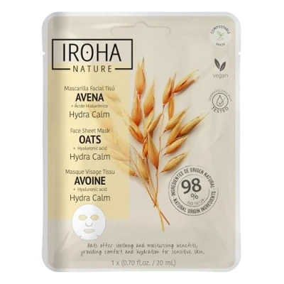 Imagen de IROHA NATURE Mascarilla Hidratante Calmante Avena Hidratación Profunda Reduce Rojeces 98% Ingredientes Naturales Vegana y 100% Biodegradable