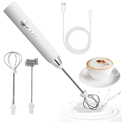 Imagen de Espumador de leche, USB Recargable Batidor 3 Velocidades Vaporizador Bubbler Leche para Capuchino, Café Negro (Blanco Plateado)