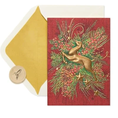 Imagen de Papyrus Tarjetas navideñas en caja con sobres, deseos cálidos, reno dorado (12 unidades)