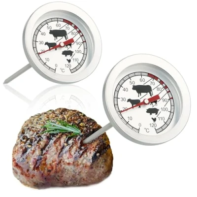 Imagen de LE##com four® 2x Termómetro para Asados de Acero Inoxidable Analógico Carne hasta 120 C Parrilla Aguja 10 cm (002 piezas)