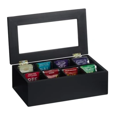Imagen de Relaxdays Negra Caja de Té 8 Compartimentos, Bambú, 9x28x16 cm, Bolsitas Infusiones, con Tapa, a Prueba Polvo