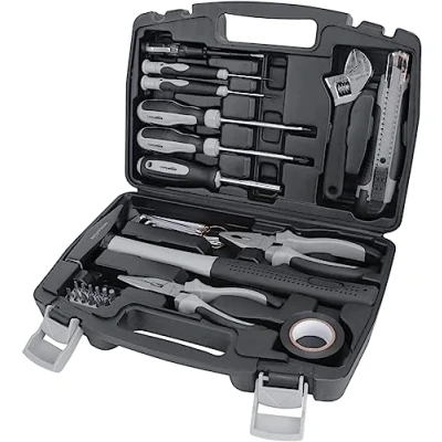 Imagen de Amazon Basics Juego de herramientas para el hogar, Plástico, Negro/ Gris, 32 Unidad
