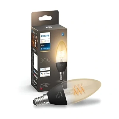 Imagen de Philips Hue Bombilla LED Inteligente de Filamento, Luz Blanca Cálida Regulable, casquillo E14 tipo vela 4.5W 300 Lúmens, Compatible con Alexa y Google Home